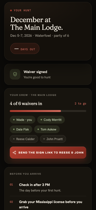The hunter portal on a phone: the December hunt at The Main Lodge, waiver signed, and the crew waiver meter